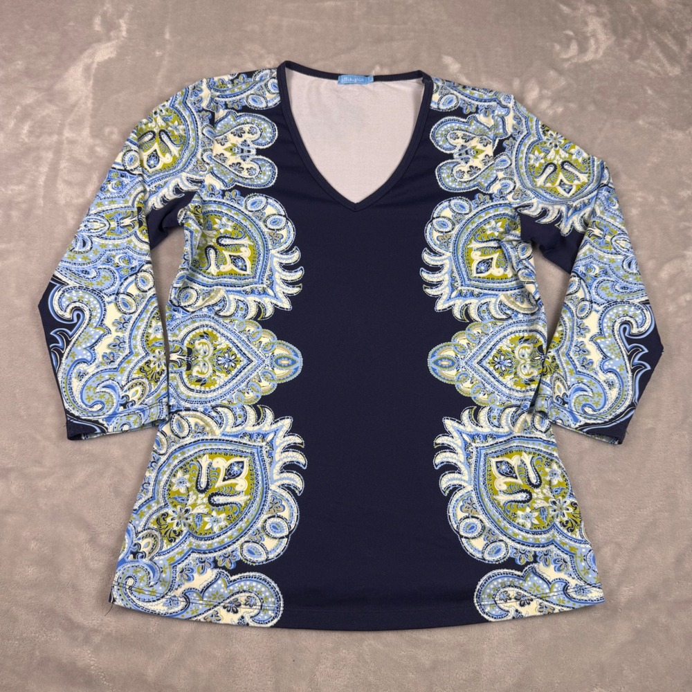 J.McLaughlin‎ Catalina Cloth Paisley V-Neck 3/4 Sleeve Top Navy Blue Green Small - Picture 2 of 7